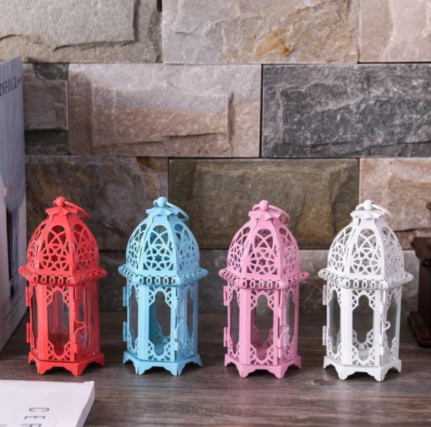 Hot Sale European Style Moroccan Glass Candle Holder Wrought Iron Wind Lamp Aromatherapy